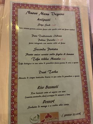 Vegan menu  at Gandhi in Turin