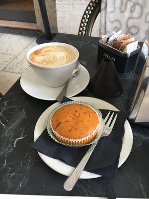 Soy cappuccino and carrot muffin  at Caffe Scala in Verona