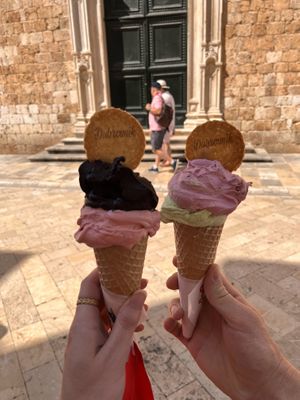 (L) chocolate and strawberry (r) cherry and green apple   at Gelateria Dubrovnik in Dubrovnik