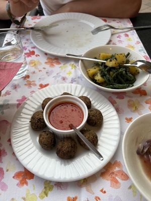 Vegan "meat-balls" made from Aubergine with tomato sauce, potato and green long bean salad  at Agricola Samadhi in Zollino