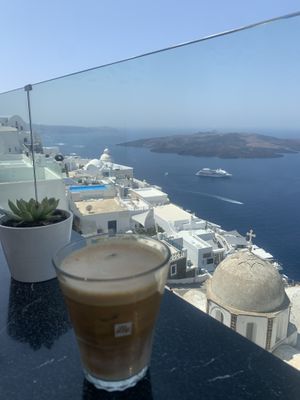 iced coffee with a view  at Nektar Lounge in Santorini