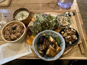 Sweet potato soup, balsamic mixed greens salad, lotus root dish, tofu/bamboo dish, red rice, and fried tofu/mushroom main dish at Vege To Coffee in Tokyo