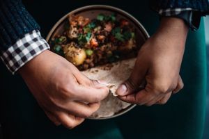 Bombay Style Potatoes with Chapati Flatbread at Venn Canteen in Porto