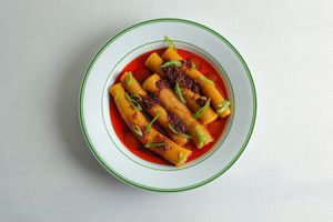 noodle dumplings • red kuri squash • home-made chili oil • spring onions at Venn Canteen in Porto