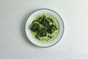 nettle cake • parsley sauce • powdered sea lettuce algae • lemon zest at Venn Canteen in Porto