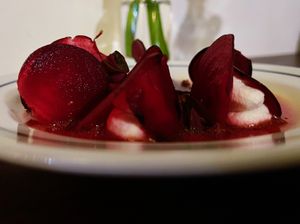 pickled beetroot with a cashew & lemon cheese, lemon oil, pink pepper, and oxalis at Venn Canteen in Porto