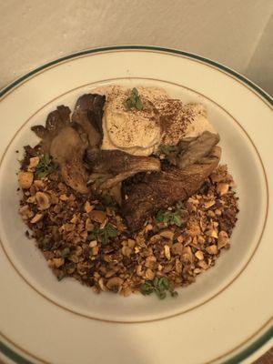 grilled oyster mushrooms • hazelnut and oat granola • porcini mushroom infused cream  at Venn Canteen in Porto