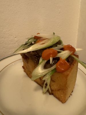 fried polenta, onion compote, gochujang  and coriander  at Venn Canteen in Porto