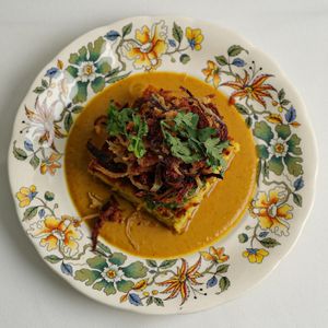 Cauliflower Patty with Japanese Curry  at Venn Canteen in Porto