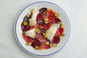 beet carpaccio • lemon curd • capers • lemon zest • horseradish cream  at Venn Canteen in Porto