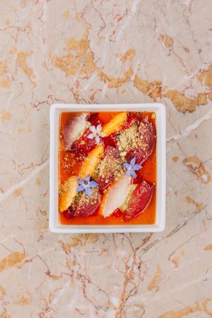 watermelon tataki • horseradish
cream • sticky rice • nori • sesame
seeds  at Venn Canteen in Porto