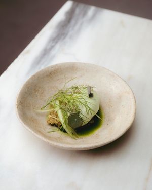 fennel and coconut savoury ice cream · nettle sauce · oat cookie · laminated fennel · wild aromatic herbs at Venn Canteen in Porto