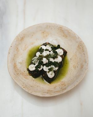 walnuts · buckwheat · preserved lemon 'mayonnaise' · dill and algae 'caviar' · flowers at Venn Canteen in Porto