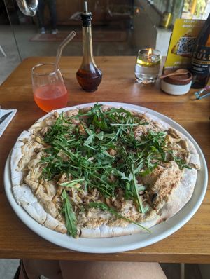 White mushroom pizza with cashew nut paste at Pizza Cult in Ubud