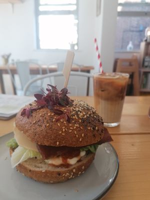 Club bagel and iced latte at Tigs Bagel & Coffee House in Sheffield