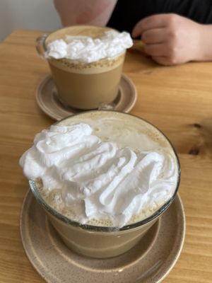 Pistachio and Biscoff lattes  at Tigs Bagel & Coffee House in Sheffield