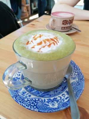 Salted caramel matcha (it's very sweet 😬) at Tigs Bagel & Coffee House in Sheffield