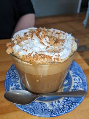 Apple pie oat latte at Tigs Bagel & Coffee House in Sheffield