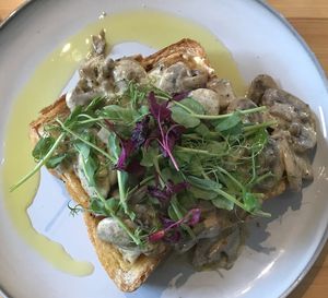 Creamy mushrooms on toast  at Tigs Bagel & Coffee House in Sheffield