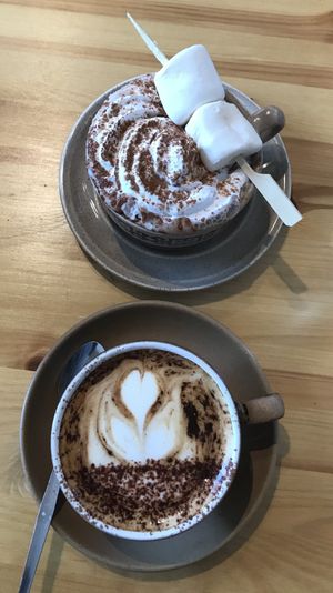 Oat milk cappuccino and oat milk hot chocolate   at Tigs Bagel & Coffee House in Sheffield