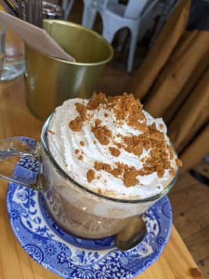 Decaf biscoff oat latte at Tigs Bagel & Coffee House in Sheffield