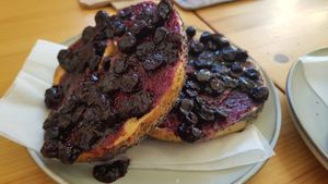 Bagel toast with Blueberry and vanilla jam at Tigs Bagel & Coffee House in Sheffield