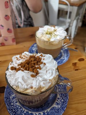 Apple pie biscoff latte, & pistachio latte at Tigs Bagel & Coffee House in Sheffield
