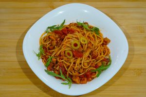 Red pasta at Vege House in Belgrade