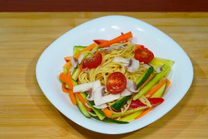 Raw vegetable pasta at Vege House in Belgrade