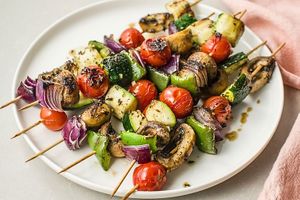 Grilled vegetable skewers at Vege House in Belgrade