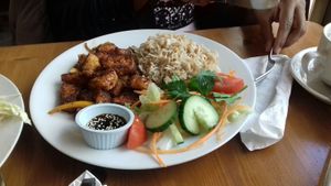 Sweet and hot tofu dish at Pumpernickel Coffee Shop in Dumfries