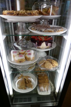 Cake cabinet. 2/3+ vegan options at Pumpernickel Coffee Shop in Dumfries