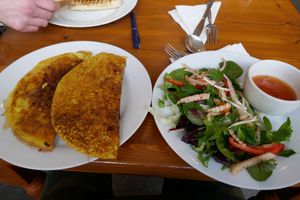 Vegan crepes. French (Vietnamese) style pancakes stuffed with vegetables. Served with sauce and salad. at Pumpernickel Coffee Shop in Dumfries