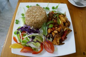 Hot chilli fried tofu with fried rice. at Pumpernickel Coffee Shop in Dumfries