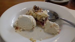 Vegan fruit crumble tart with vegan ice cream at Pumpernickel Coffee Shop in Dumfries
