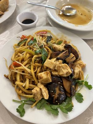 Shiitake Mushrooms and Tofu in Vegan Oyster Sauce (with noodles)  at Pumpernickel Coffee Shop in Dumfries