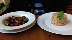 Tofu dish with rice at Pumpernickel Coffee Shop in Dumfries