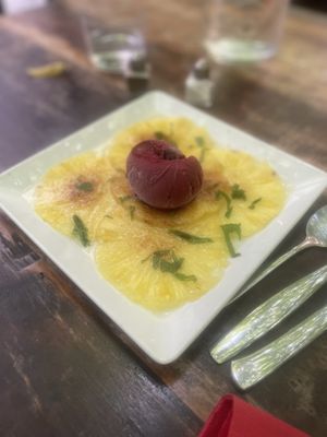 Caramelised pineapple with sorbet  at Le Cachotier in Carcassonne