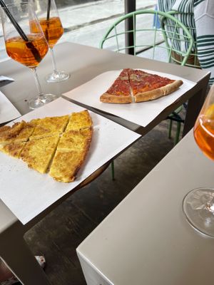 Chickpea crust, pizza and tomato with oregano. Delicious.  at La Cranceria in Florence