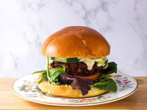 Vegan Black Bean Burger (available every day) at Open Door Tea in Stratford