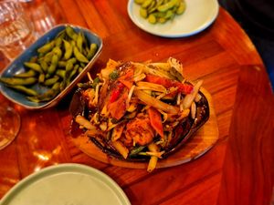 Edamame beans to start, followed by sizzling tofu and veggies with black pepper sauce. at Umbrella Asian Tapas in Galway