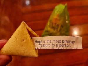 Fortune cookie at the end of the meal. at Umbrella Asian Tapas in Galway