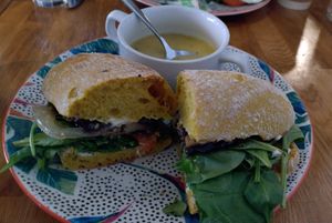 Vegan cheese and anarcadi sandwich with veg soup at Bell Pesto Cafè in Dublin