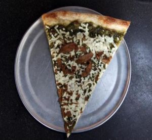 no conditions: daiya mozzarella, creamy basil cashew spread and soy curls on whole wheat crust. at Sizzle Pie - E Burnside in Portland