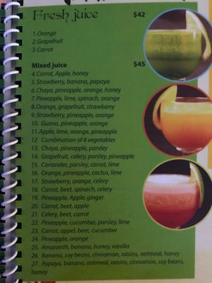 juice menu at Natura Restaurante in Cancun