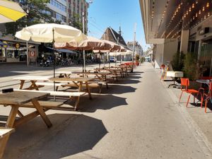 Outdoor seating at Klara Food Court in Basel