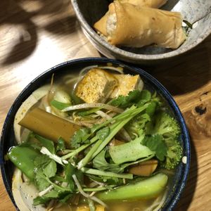 Soup with tofu and vegan sausage at Udum in Cologne