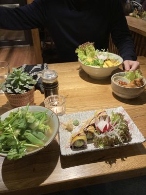 Ramen on the left, Maki in the front, running chicken on the right hand   at Udum in Cologne