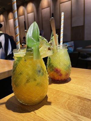 Left: “Descendant of the Sun“ (Fresh passion fruit, lime, mint and mango juice), right: “Red Lime” (Fresh lime, mint, raspberries, mango juice and cane sugar)  at Udum in Cologne