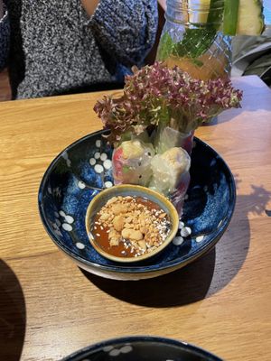 “Sommerrolle”: Summer rolls made with rice paper, filled with tofu, rice noodles, salad and herbs, served with a peanut hoisin sauce  at Udum in Cologne